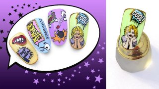 Trendy nail art in bright colours, cartoon style