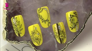 Matte and shiny vivid yellow nail art with flowers - Preview