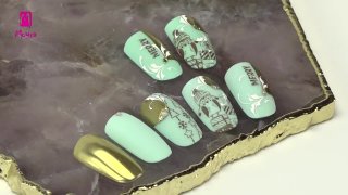 Magical winter nail art in turquoise-gold shade - Preview