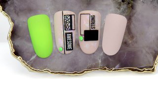 Neon and nude nail art with stamping and sticker