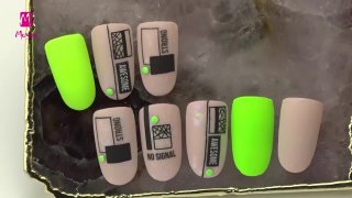 Neon and nude nail art with stamping and sticker - Preview