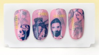 Trendy, multi-step, stamping manicure with faces