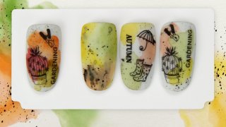 Stamping nail art for autumn on aquarelle base