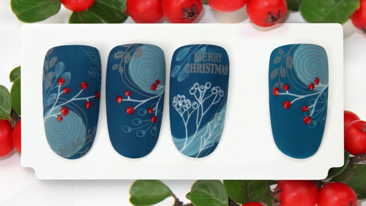 Multi-step stamping nail art in festive mood