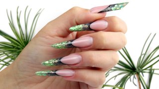 Russian almond nail sculpting with green glitter