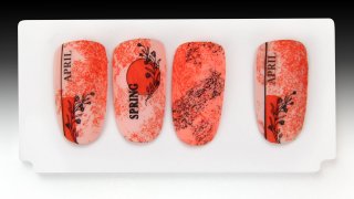 Layered stamping spring nail art in coral colour
