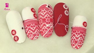 Vivid red winter nail art with sweater design - Preview