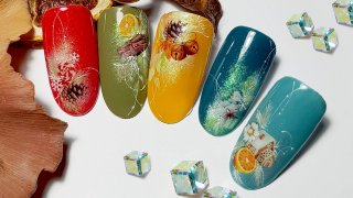 Colorful festive nail art with stickers, paintings