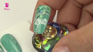 Turquoise nail art with orchid and shiny glitter - Preview