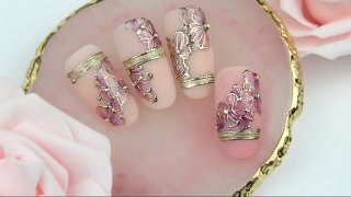 Hand painted nail art with aquarelle flower