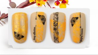 Orange-black stamping nail art with butterfly