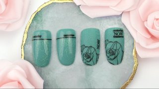 Rosy nail art with effected stamping pattern