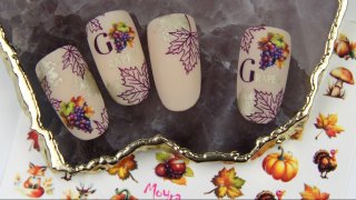 Autumn nail art with grape sticker and stamping