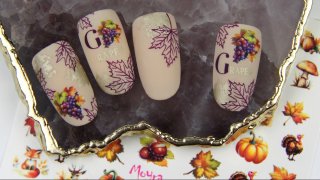 Autumn nail art with grape sticker and stamping