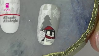 Winter nail art with cute penguin and pine trees - Preview