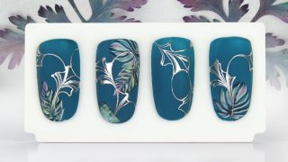 Elegant botanical sticker and handpainted nail art