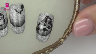 Halloween nail art on glittering silver base - Preview