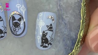 Charming cat nail art with crystal stones - Preview