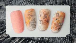 Layered stamping on peach and grey marbling base