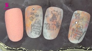 Layered stamping on peach and grey marbling base - Preview