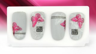 Stamping nail art with glowing pink butterfly