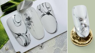 Metallic silver hand-painted foil nail art