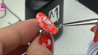 Santa sticker nail art with snowflakes, glitters