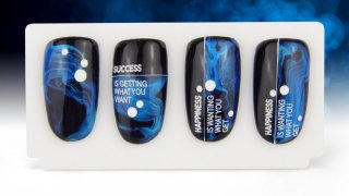 Blue marbling nail art with texts