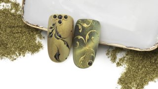 Gel painting on gold magnetic pigment powder base