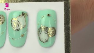 Elegant fruity nail art in turquoise-gold shades - Preview