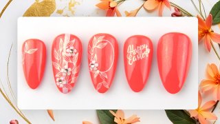 Golden leaves, white flowers on coral base