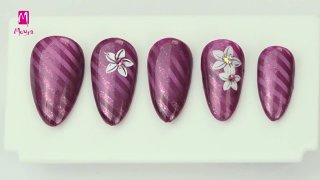 Striped nail art with plumeria flowers - Preview